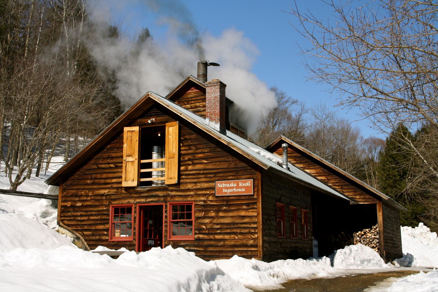 Wooden cabin with smoke rising, surrounded by snow and trees.
